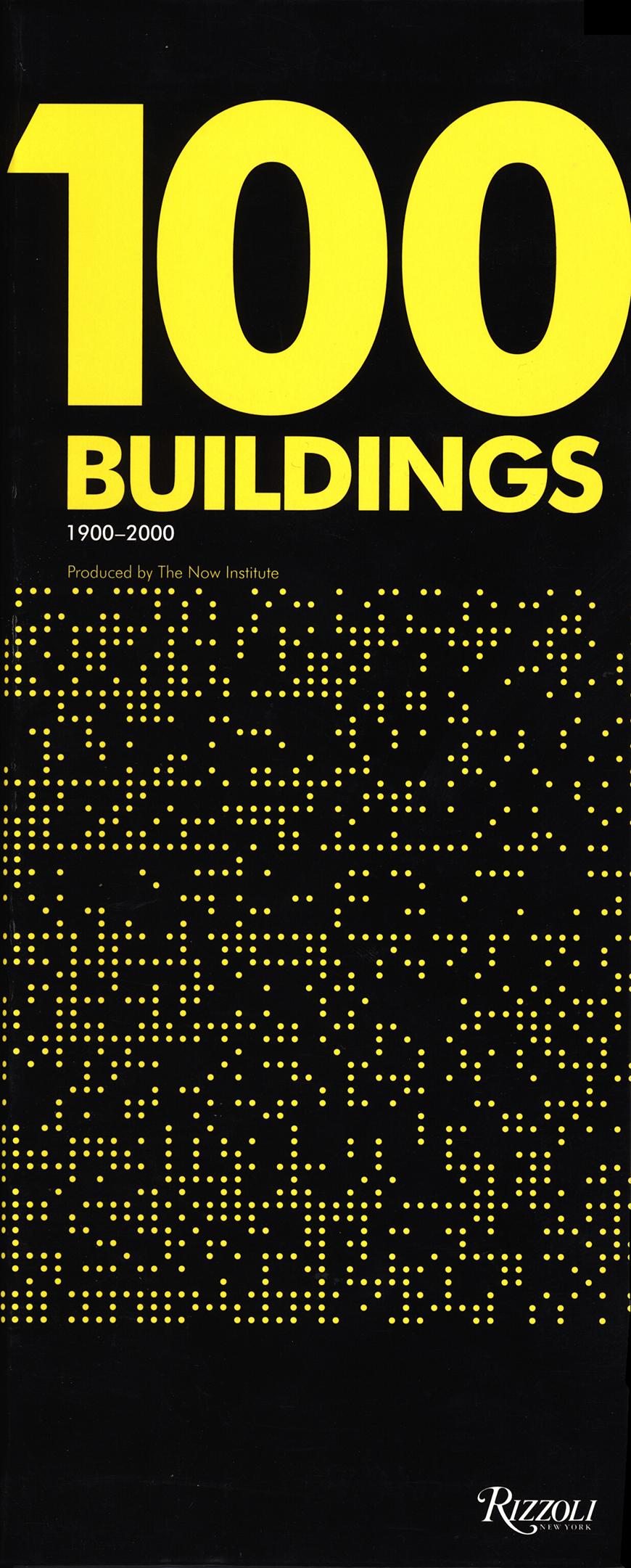 book cover 100 buildings bright yellow lettering over yellow and black geometric design 