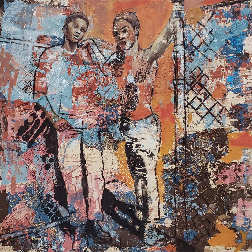 Painting of an outline of two figures, one leaning on a fence, the other holding the fence, set against a mixture of blue, orange, brown, cream colors.