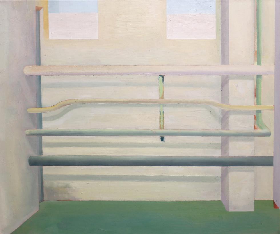 Painting of a room with white walls and 4 metal pipes going across it in white, yellow, gray and dark gray above a green floor with two windows above it.