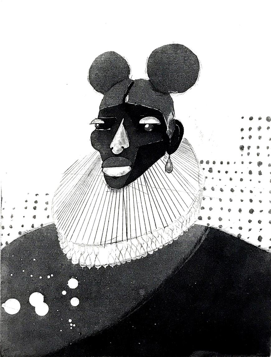 Black and white print of someone wearing a 17th century outfit with hair in pigtails.