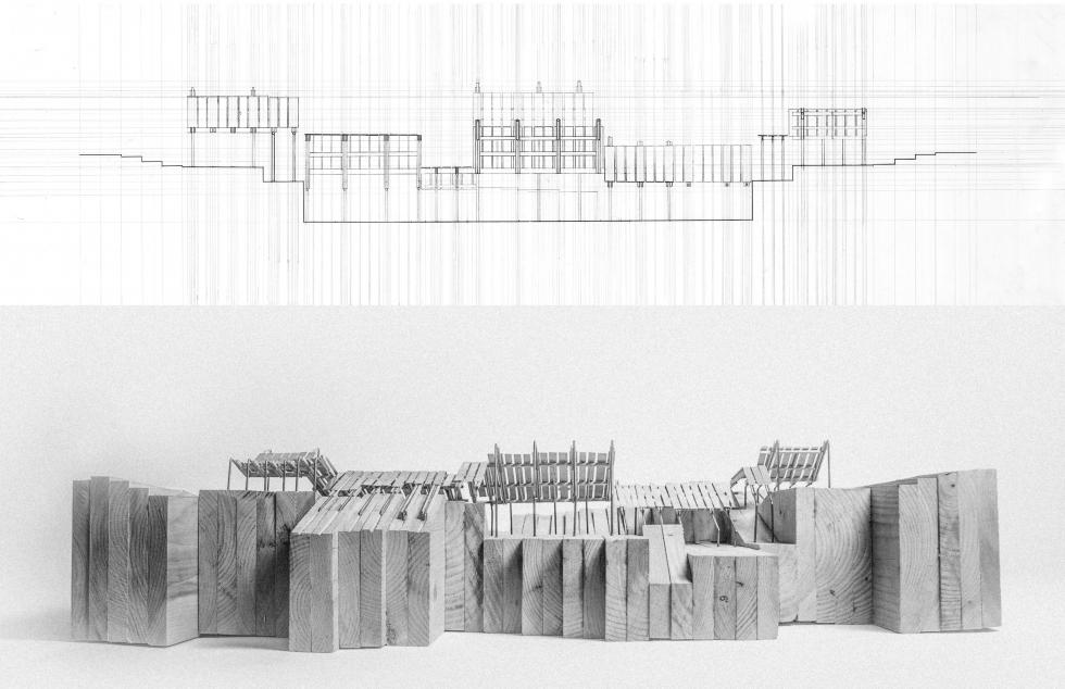 Digital rendering of an architectural structure, depicted above a physical model of the rendering constructed from wood. 