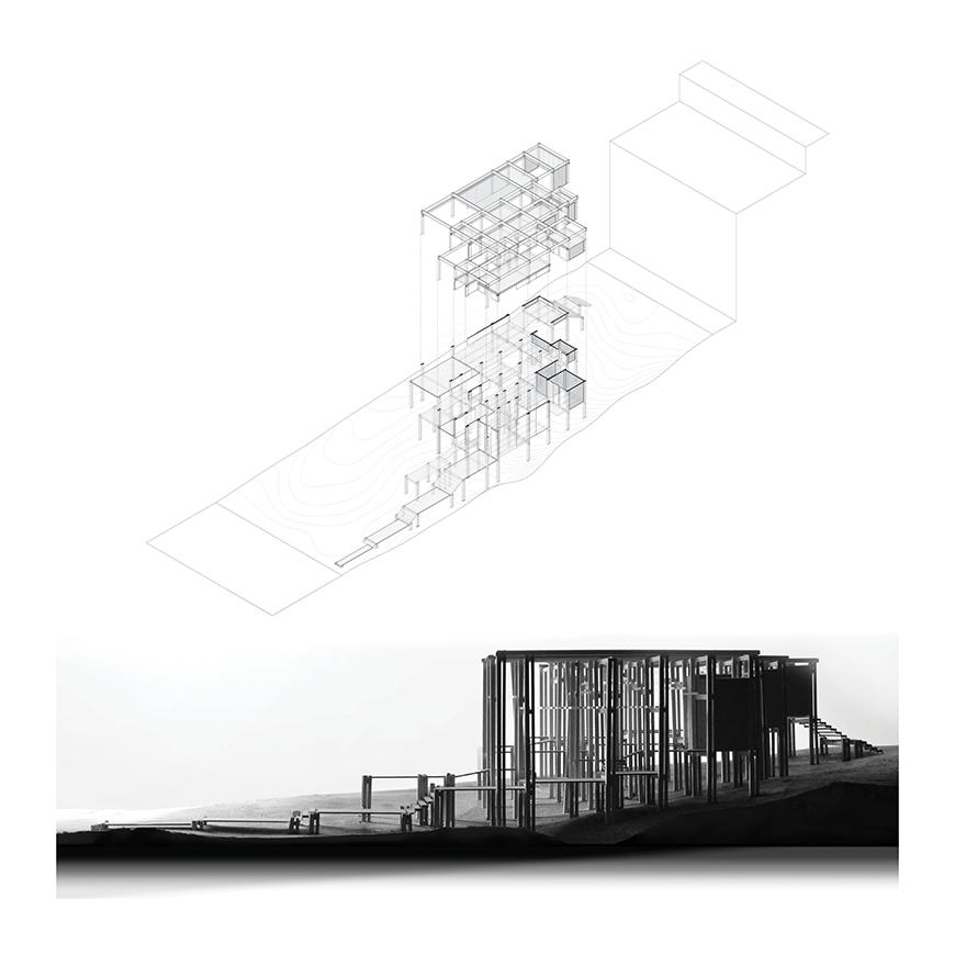 Digital rendering of an architectural structure. 