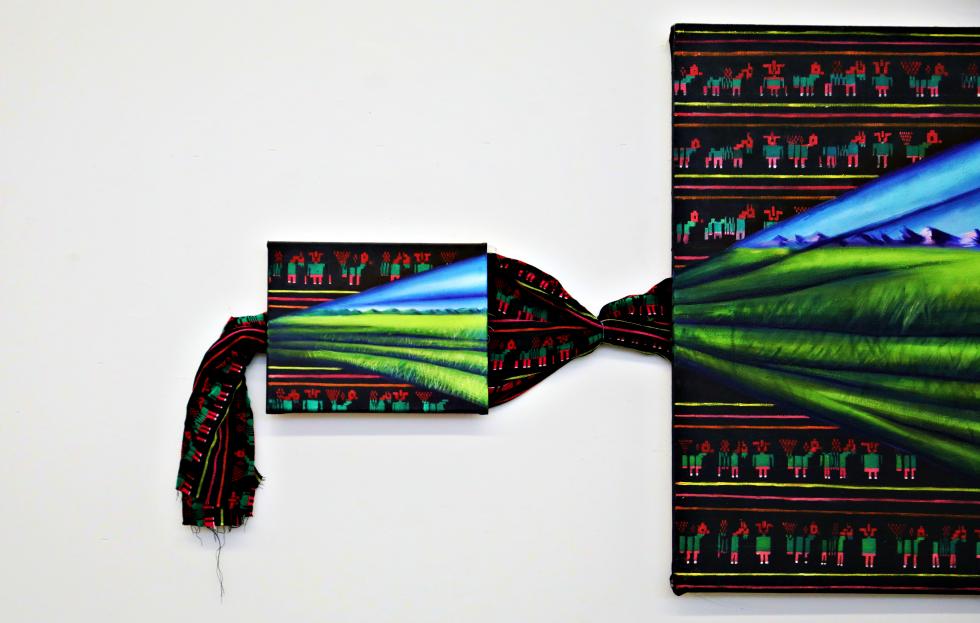 Painted black fabric with green grass, blue sky, with red and green designs on the edge, both on two canvases connected by knot of fabric.