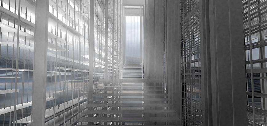 Digital rendering of the interior of an architectural structure. 