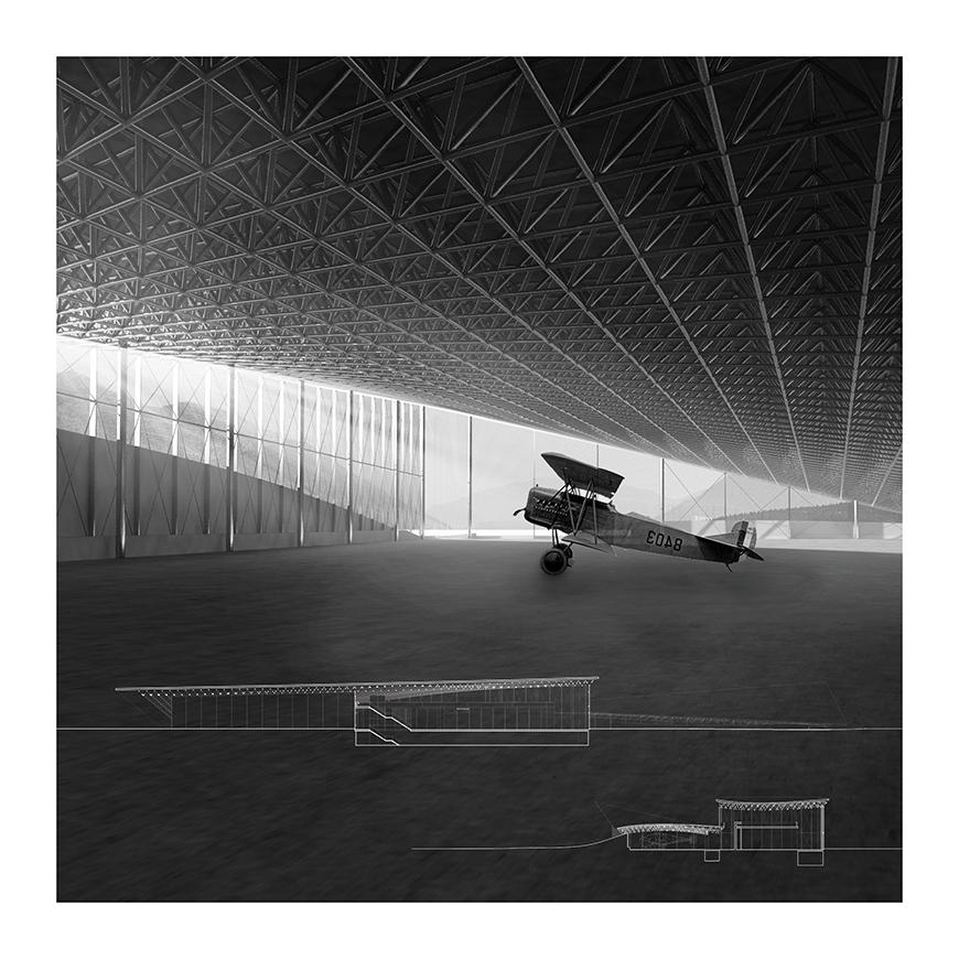 Digital rendering of the interior of a hangar.