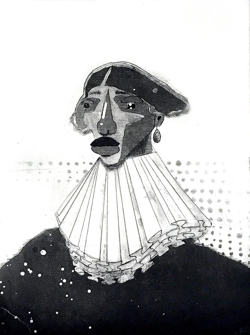 Black and white print of someone with their hair parted in the middle wearing a 17th century shirt.
