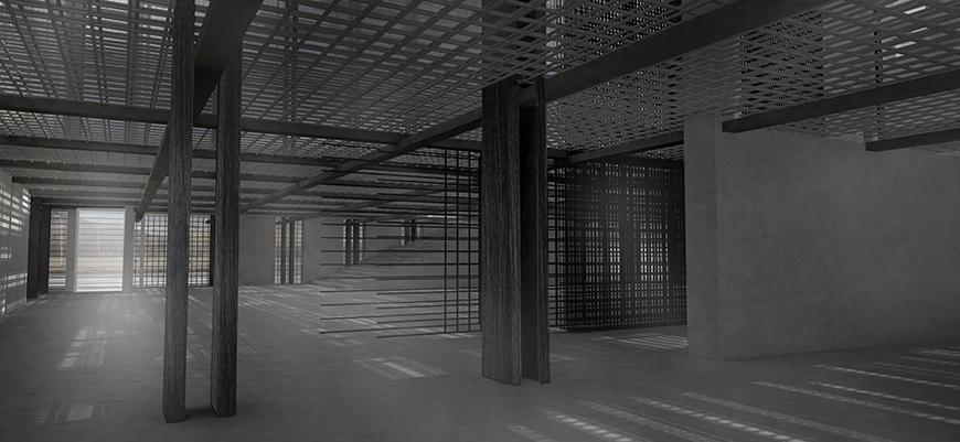 Digital rendering of the interior of an architectural structure. 