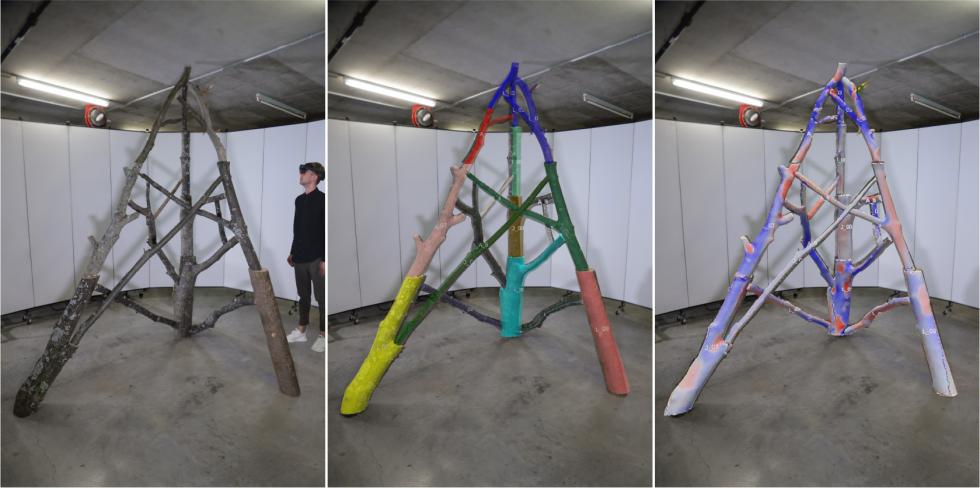 Three images of a tree log structure in varying stages of assembly