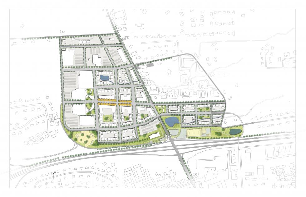site plan drawing with green space and building footprints