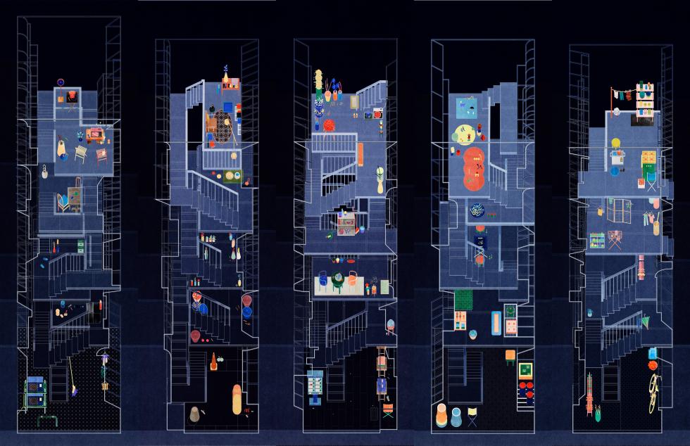 Digital rendering and cross section of five buildings siting adjacent to one another.