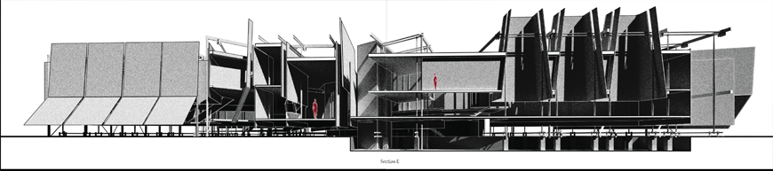 An architectural rendering of a grey and black paneled building.