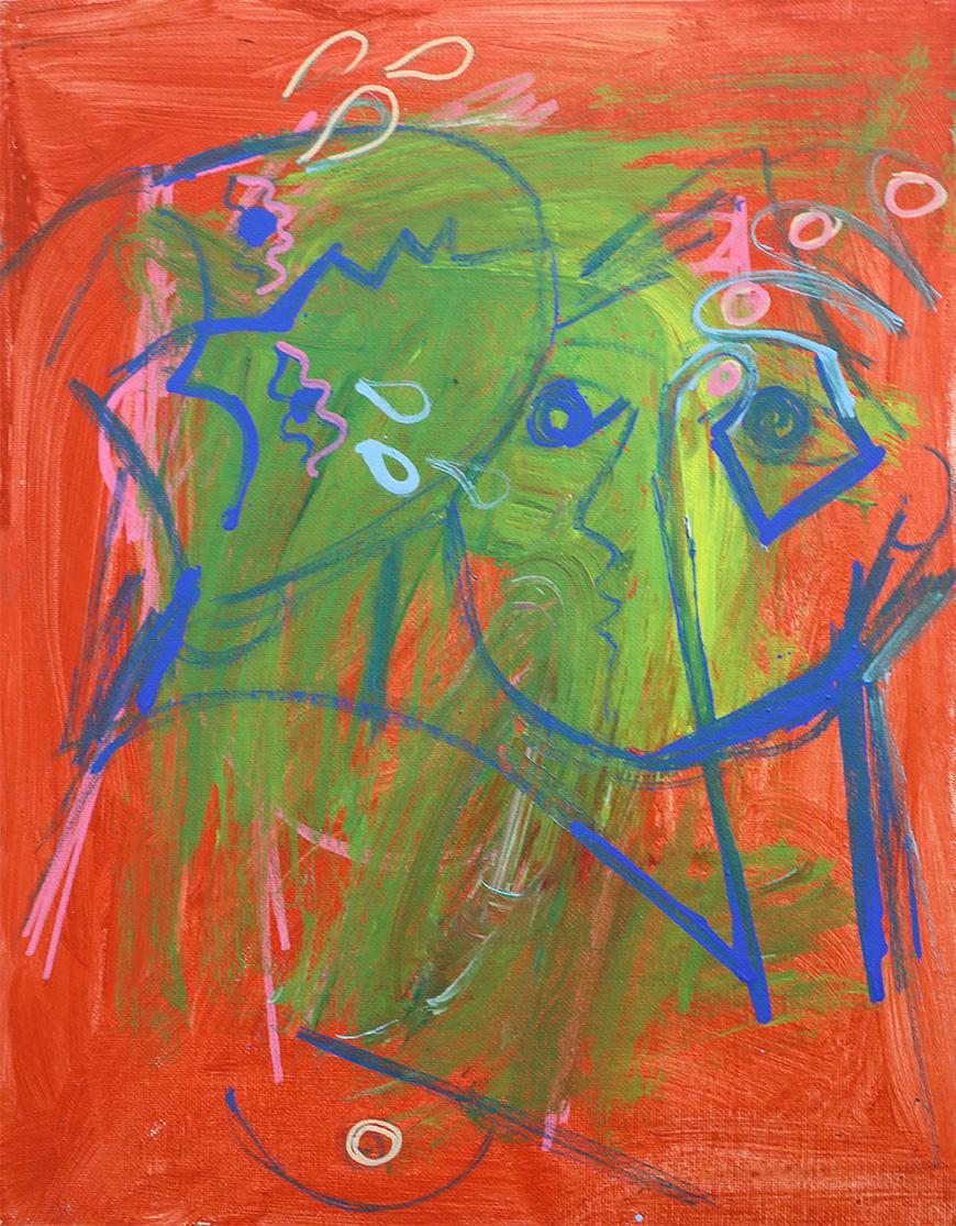 Abstract painting of two people holding each other both painted with a blue outline, one figure looking up the other looking left, set against an orange and green background.