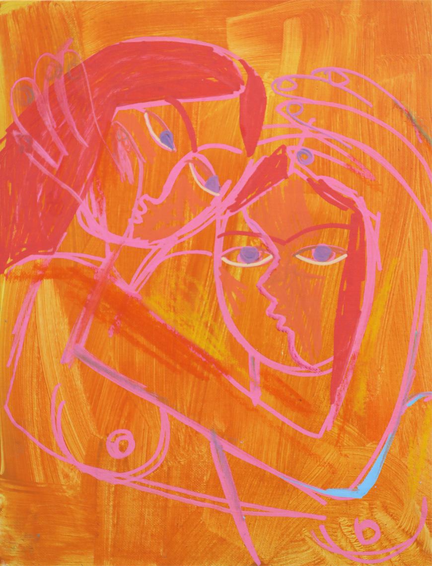Abstract painting of two people embracing drawn in a pink outline with dark pink hair set against a yellow and orange streaked background.