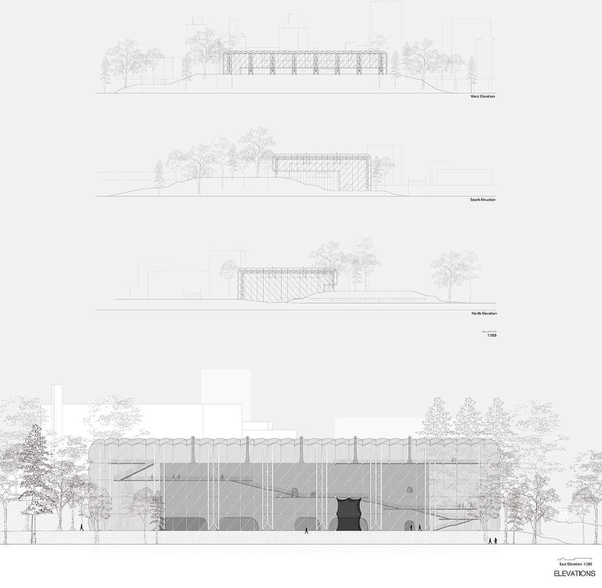 An architectural rendering of a building surrounded by trees.