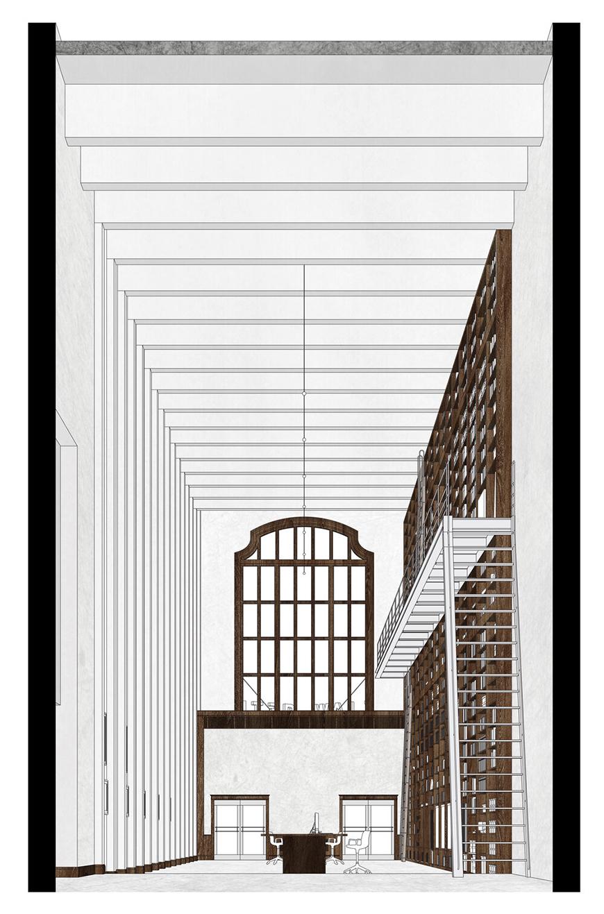 Digital rendering of the interior of an architectural structure. 