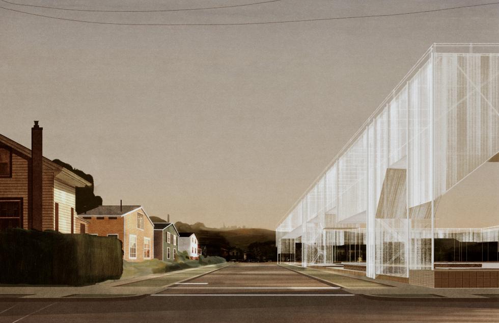 Digital rendering of an architectural structure across from a series of suburban houses. 