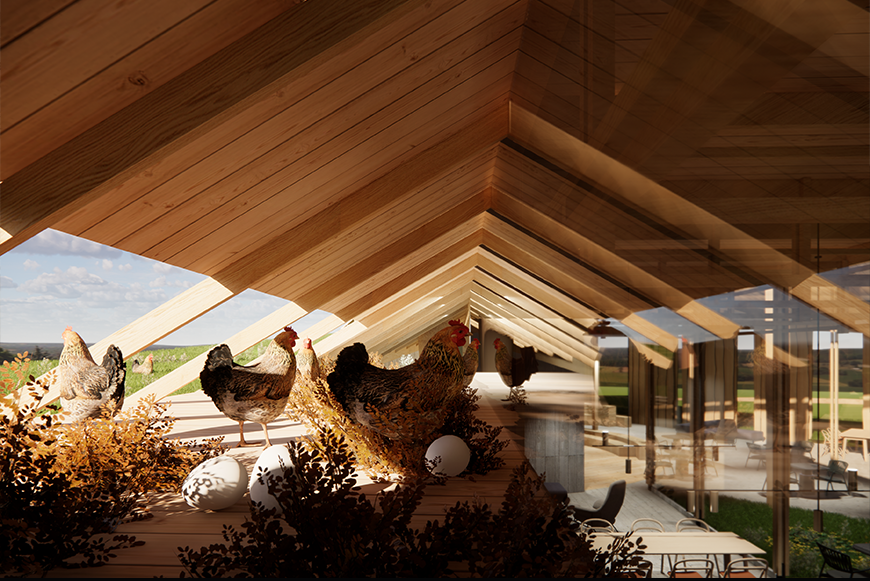 A wooden structure containing chickens.