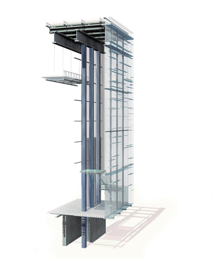 Digital rendering and cross section of a multi-story building. 