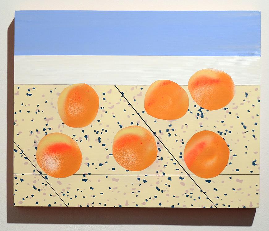 Painting of six oranges against a yellow speckled tile with a blue and white background.