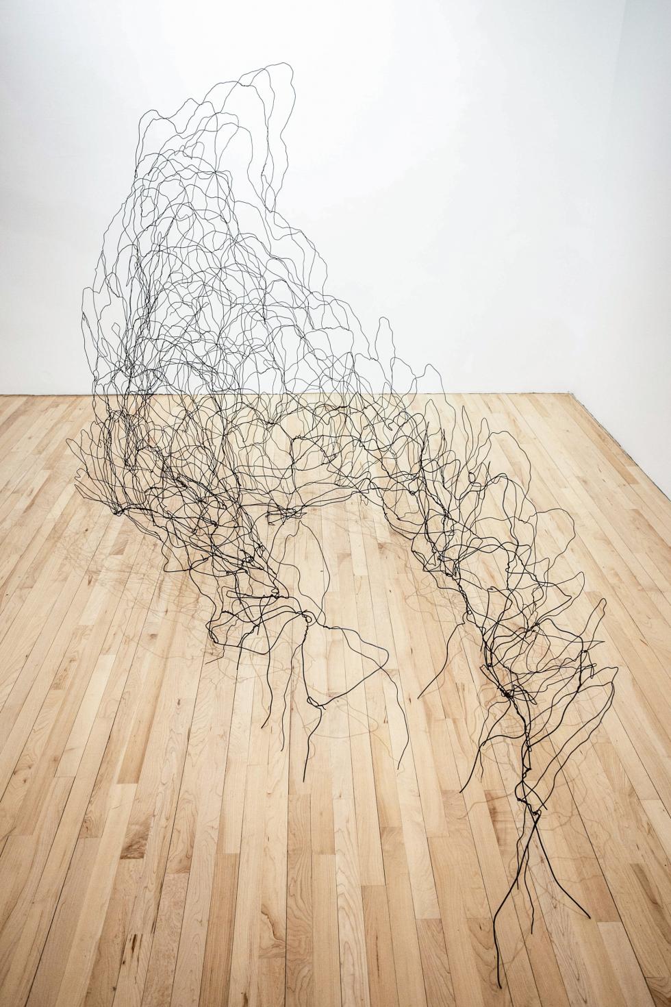 Large black wire sculpture in a loose hill pattern set against a white wall and light colored wooden floor.