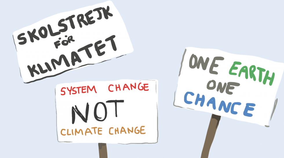 Hand drawn signs featuring different climate change texts against a light grey background.