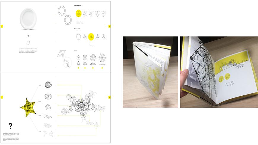 Pages with drawings on the left hand side and on the right two photographs of book with yellow colors.