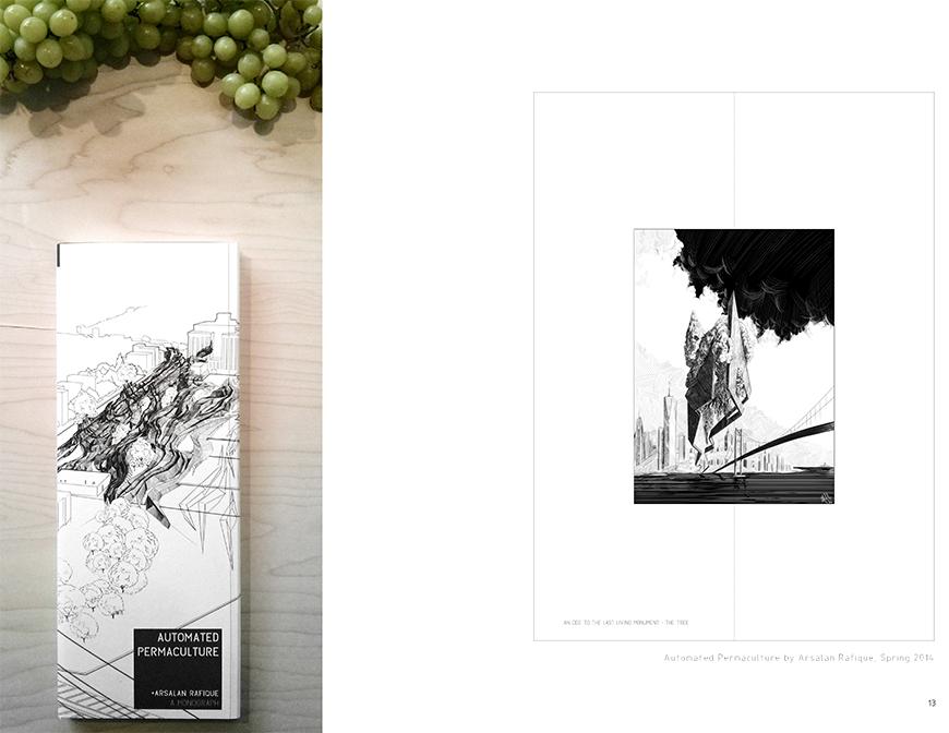 On the left, photograph of tall book on wooden surface with green grapes on the top of the image, and on the right a spread image from the book.