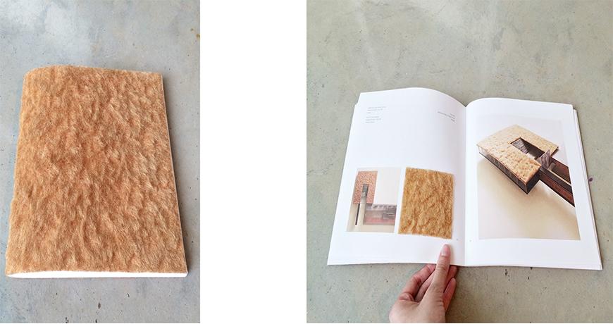 Two photographs of book with furry amber cover, closed on the left and open to a spread on the right.