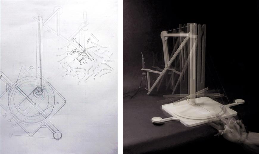 Isonometric drawing and multiple exposure photograph of drawing machine.