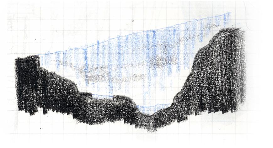 Diagram of cross-section cut of gorge with conecptual sketch of light, blue curtain-like mass bridging from one side of the gorge to the other.