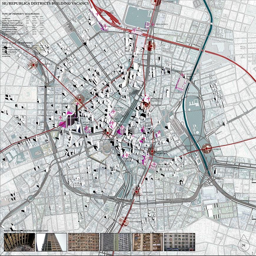 Axonometric map drawing indicating parts of the city where abandoned buildings are located.