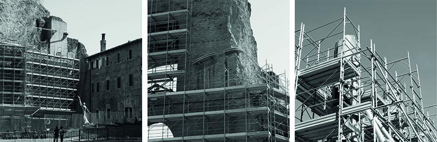 Three black and white photographs of site conditions in an urban context showing scaffolding covering building facades and details for rennovation or restoration purposes.