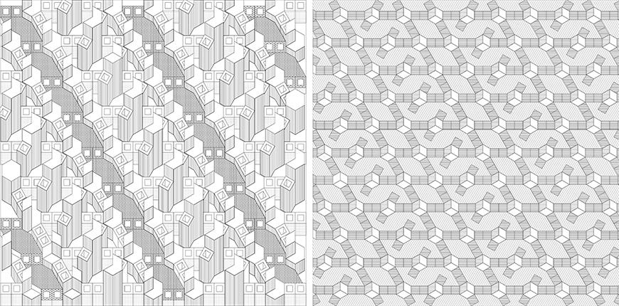 Geometrical pattern drawings toned with different shades of gray.