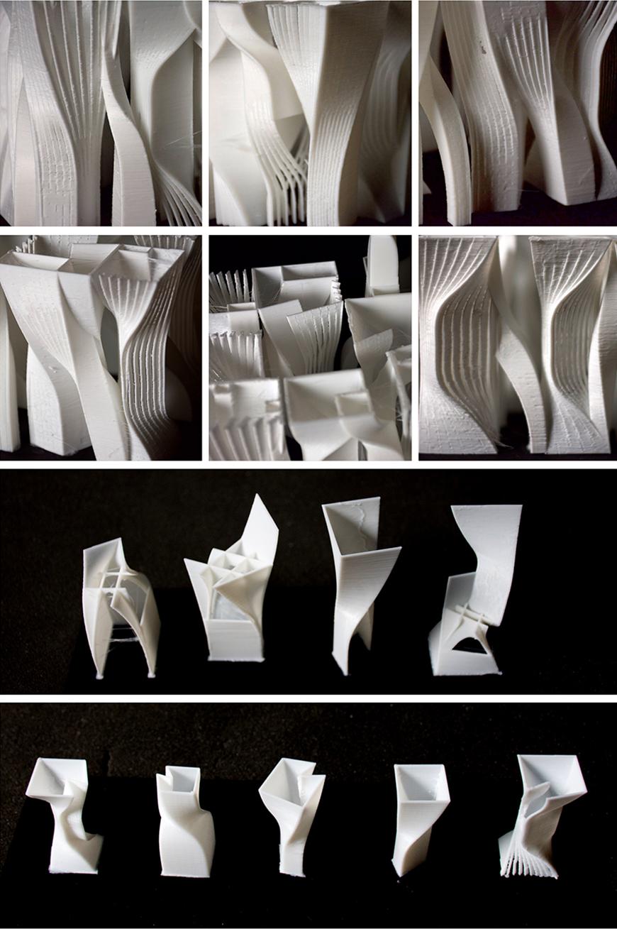 Study models of white, twisting structures.