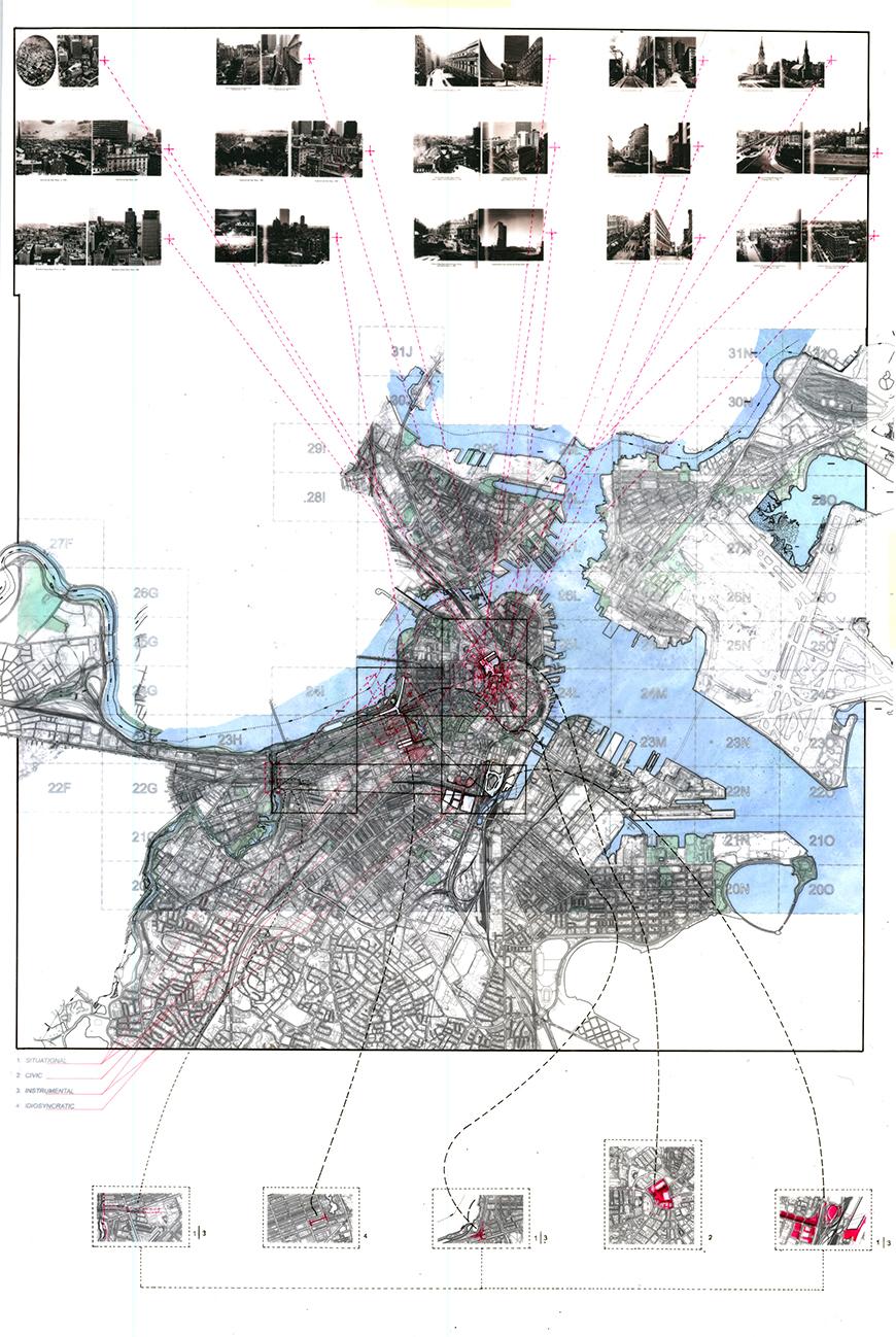 Composite drawing connecting photographs and plans to corresponding place on a map of Boston.