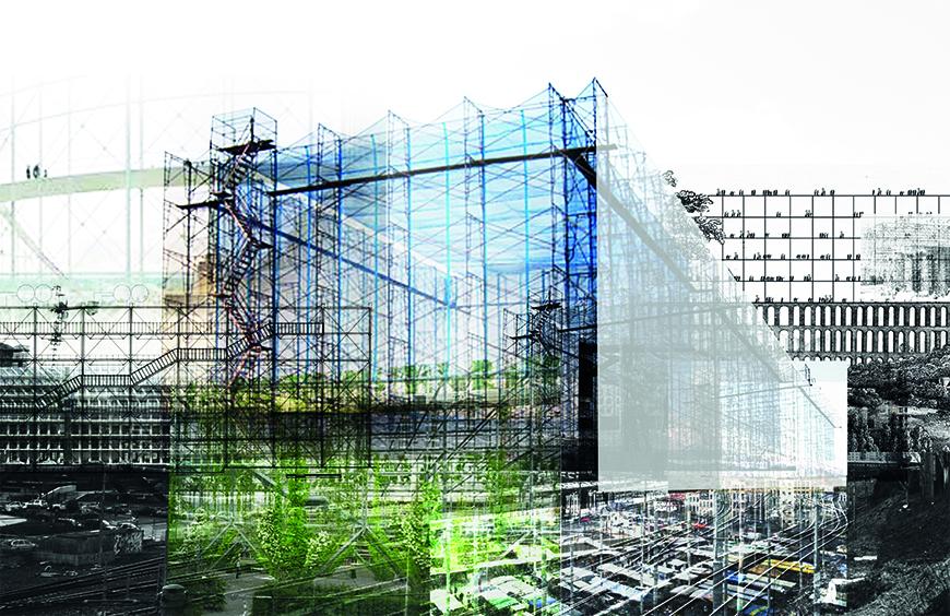 Collaged conceptual render using photographs of scaffolding to propose rectangular space made of scaffolding.