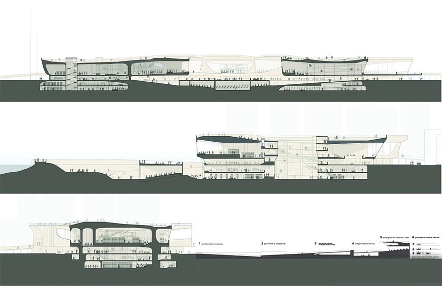 Set of three section drawings, one on top of the other, showing cut through project at different points, toned in gray and dark gray to show the cut point.