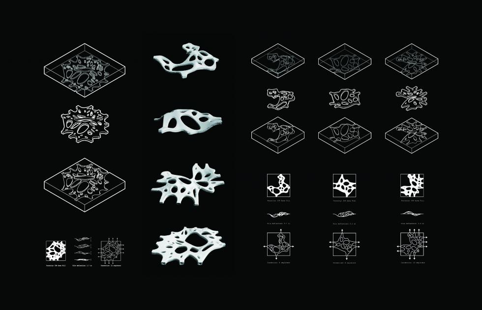 White axonometric drawing on black background showing two-part molds of membrane-like clay tiles and resulting pieces.