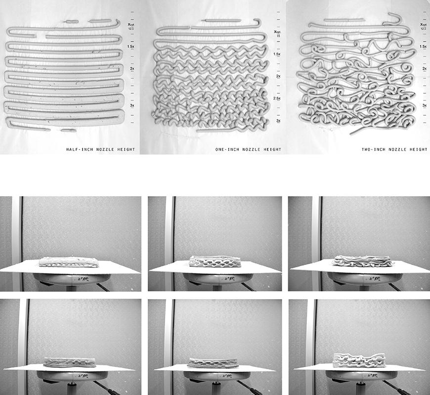 Series of black and white images showing results of 3d print tests with clay, using different parameters, seen from above and as an elevation.