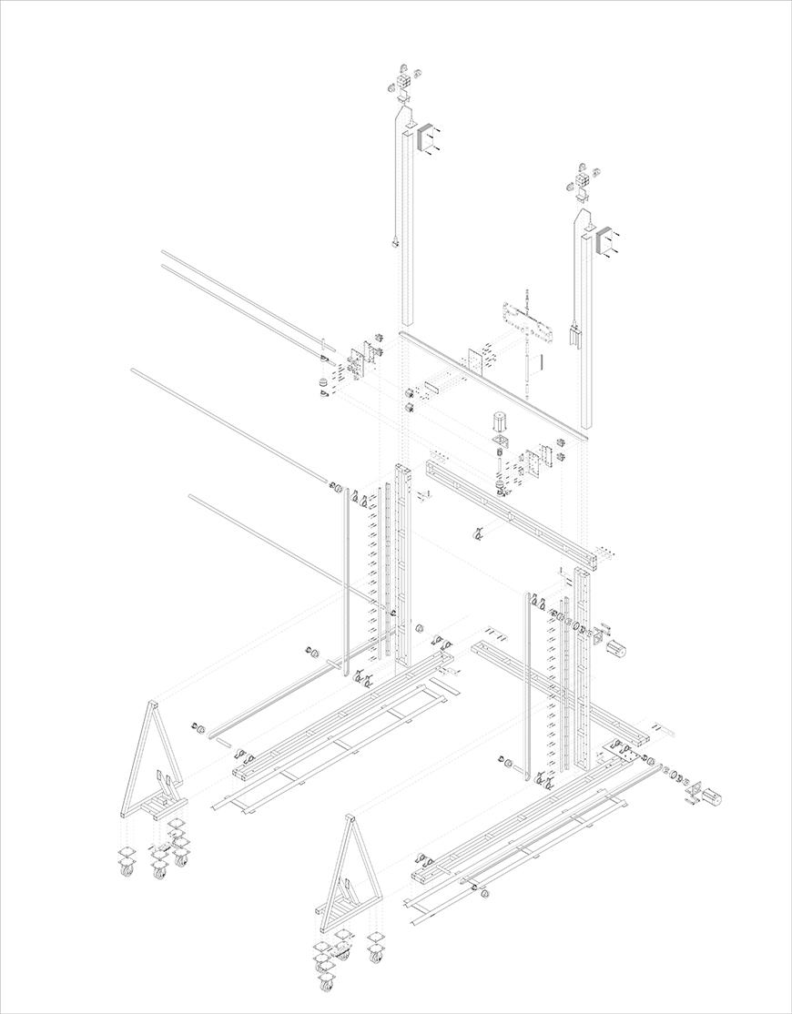 Exploded axonometric drawing of 3D printer and parts.