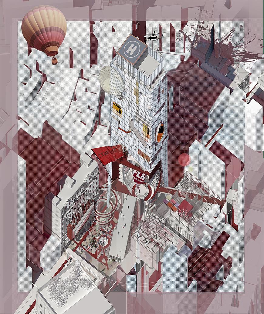 Axonometric drawing toned with red and gray colors and textures of different shades.