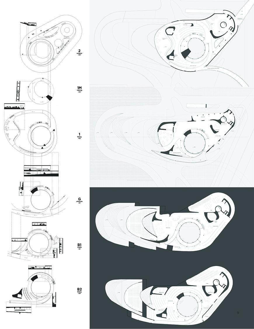 Set of plan drawings showing project proposal with the plans on the left-hand side having small partial sections of each component of the loop and bike-path, showing interior conditions piece by piece.