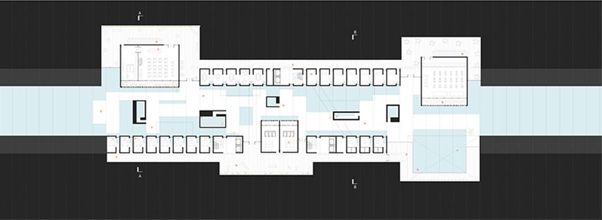 Plan drawing showing landmass cut into on top and down sides of drawing with white tones for ground and blue tones for water in the space inbetween.