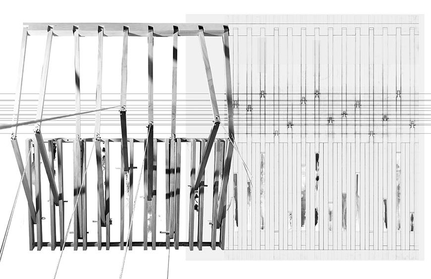 Composite image with black and white image of a drawing machine collaged with an analytical drawing of the machine and fragments of the drawing produced by it.