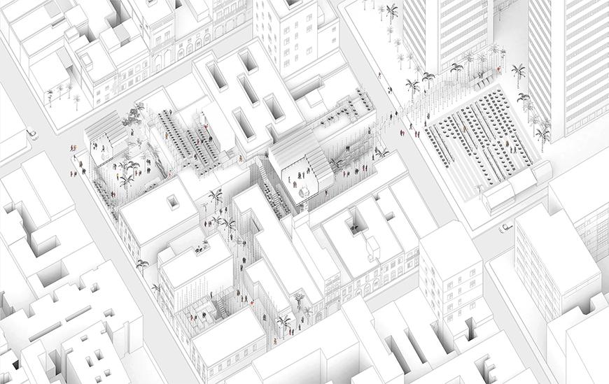 Axonometric drawing of proposal inside the intersitital spaces between buildings in the center of Havana.