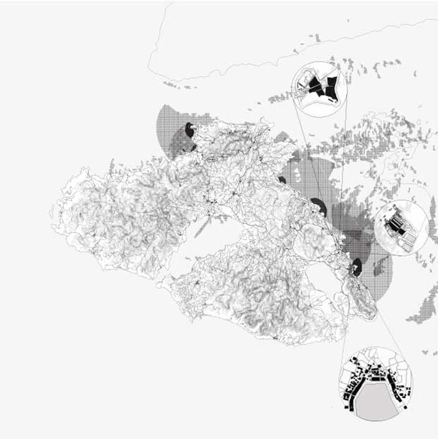 Map drawing in black and white showing topology and two areas in gray grid texture, with three points enlarged and shown in detail by drawings of buildings and plans within circles.