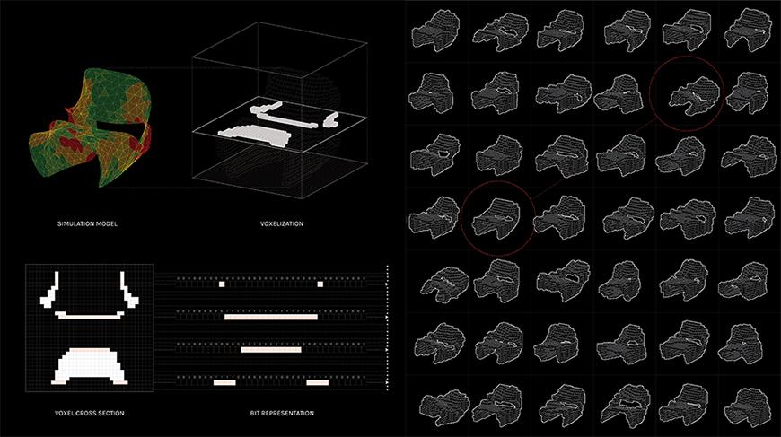 Black background showing the same 3D structural membrane from image above in different configurations, forms, or agglomerations, as well as three flat images.