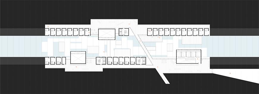 Plan drawing showing landmass cut into on top and down sides of drawing with white tones for ground and blue tones for water in the space inbetween.