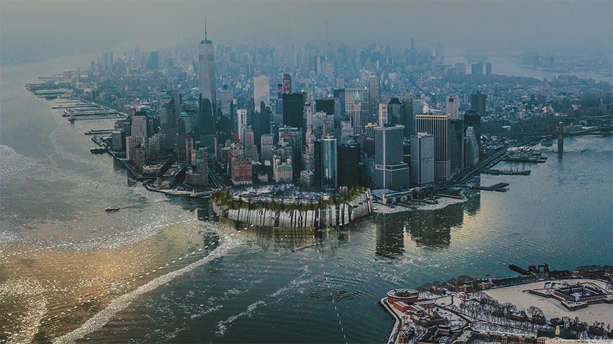 Render collage showing aerial view of the project in battery park and showing downtown Manhattan.