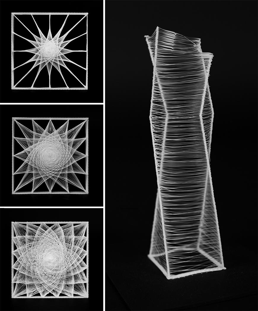 Photograph of 3D-printed study model with thin fibers forming geometric patterns when seen from above.